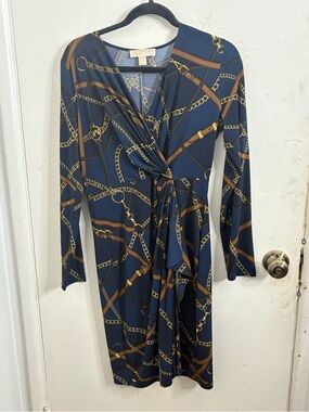 Michael Kors Navy Chain-Print Long Sleeve Wrap Dress